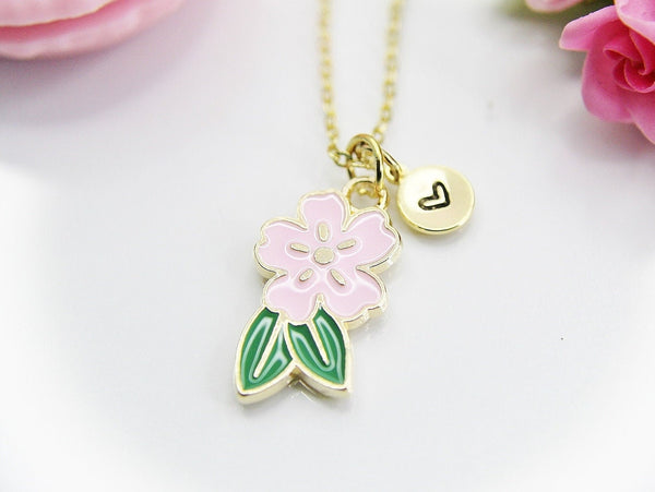 Sakura Necklace, Pink Flower Japanese Cherry Blossom Sweet Necklace Gifts, Best Birthday Gifts, Personalized Initial Gift, N4350