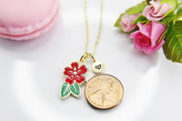 Cherry Blossom Necklace, Red Flower Sweet Necklace Gifts, Best Birthday Gifts, Personalized Initial Gift, N4351