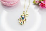 Gold Hamsa Evil Eye Necklace, Personalized Initial Gift, N4360