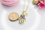 Gold Hamsa Evil Eye Necklace, Personalized Initial Gift, N4360