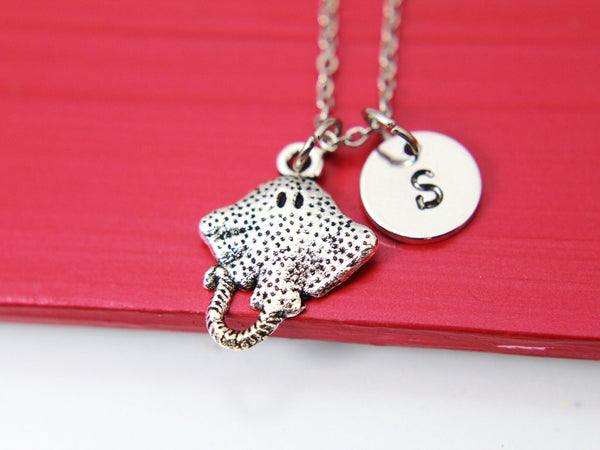 Stingray Necklace, Stingray Charm, Stingray Ocean Beach Jewelry Gift, Personalized Initial Gift, N4391