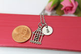 Birdcage Necklace, Bird in the Cage Charm, Bird Lover Pet Jewelry Gift, Personalized Initial Gift, N4397