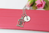 Birdcage Necklace, Bird in the Cage Charm, Bird Lover Pet Jewelry Gift, Personalized Initial Gift, N4397