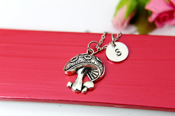 Mushroom Necklace, Silver Mushroom Charm, Mushroom Spring Nature Forest Jewelry Gift, Personalized Initial Gift, N4398