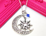 Moon Sun Necklace, Silver Moon Sun Charm, Sun Moon Jewelry Gift, Personalized Initial Gift, N4426