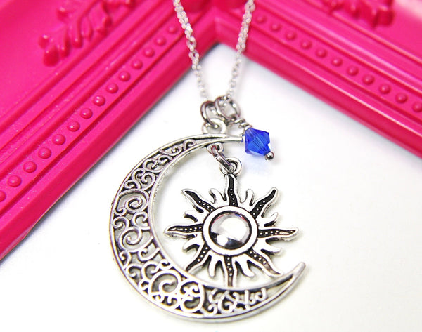 Moon Sun Necklace, Silver Moon Sun Charm, Sun Moon Jewelry Gift, Personalized Initial Gift, N4426
