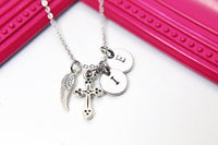 Angel Gift, Guardian Angel, Angel Wing Cross Necklace, Good Luck Charm, Memorial, Condolences, Gift, Personalized Initial Gift, N4443