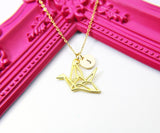 Crane Necklace, Gold Necklace, Japanese Jewelry Gift, Personalized Initial Gift, N4446