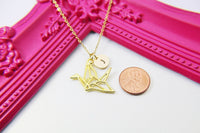 Crane Necklace, Gold Necklace, Japanese Jewelry Gift, Personalized Initial Gift, N4446