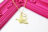 Crane Necklace, Gold Necklace, Japanese Jewelry Gift, Personalized Initial Gift, N4446