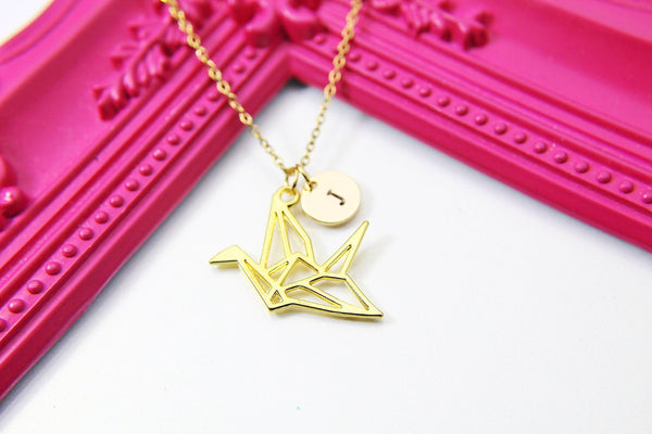 Crane Necklace, Gold Necklace, Japanese Jewelry Gift, Personalized Initial Gift, N4446