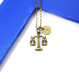 Libra Necklace, Bronze Balance Scale Necklace, Justics Scale Jewelry Gift, Personalized Initial Gift, N1387