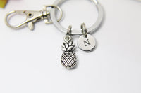 Pineapple Keychain, Silver Pineapple Charm, Pineapple Jewelry Gift, Personalized Initial Gift, N4459