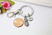 Pineapple Keychain, Silver Pineapple Charm, Pineapple Jewelry Gift, Personalized Initial Gift, N4459