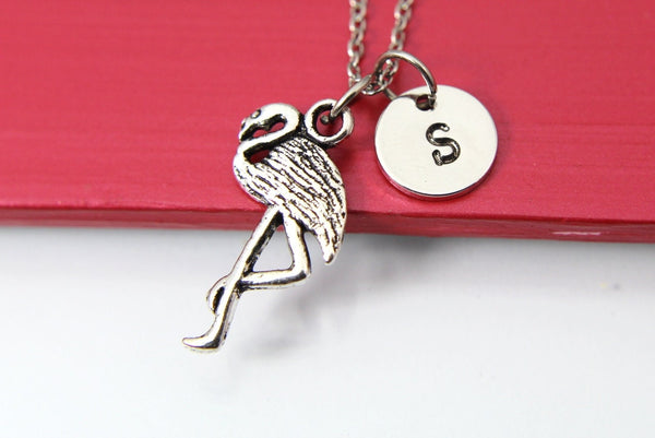 Bird Necklace, Crane Charm, Flamingo Crane Bird Jewelry Gift, Personalized Initial Gift, N4389