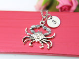 Crab Necklace, Crab Charm, Ocean Beach Jewelry Gift, Personalized Initial Gift, N4393