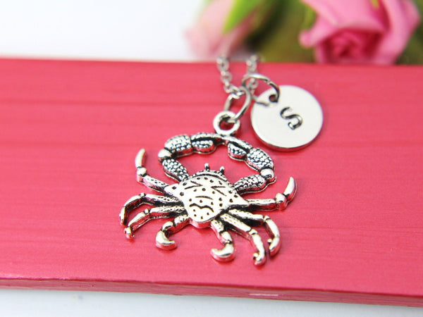 Crab Necklace, Crab Charm, Ocean Beach Jewelry Gift, Personalized Initial Gift, N4393