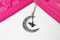 Halloween Black Raven Crow Moon Charm Necklace Gift, Celestial Necklace, Celestial Jewelry, Personalized Gift, N2085