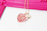 Rose Gold Necklace, Red Flower Heart, Real Pressed Flower Necklace, N4488