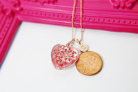 Rose Gold Necklace, Red Flower Heart, Real Pressed Flower Necklace, N4488