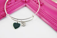 Dark Green Heart Bracelet, Silver Hypoallergenic Bangle, Girlfriend Gift, Best Friend Gifts, Personalized Initial Gift, N4494