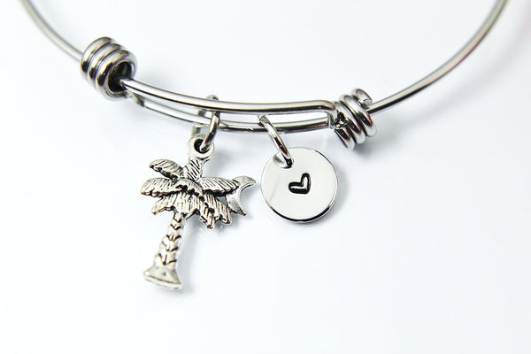 Silver Moon Palm Tree Charm Bracelet Personalized Customized Monogram Made to Order Jewelry, N2119C