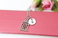 Birdcage Necklace, Bird in the Cage Charm, Bird Lover Pet Jewelry Gift, Personalized Initial Gift, N4397