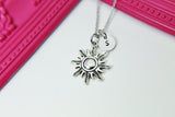 Sun Necklace, Silver Sun Charm, Sun Jewelry Gift, Personalized Initial Gift, N4412