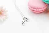 Cute Skull Halloween Necklace, Silver TINY Skull Charm Jewelry Gift, Personalized Initial Gift, N4421