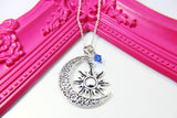 Moon Sun Necklace, Silver Moon Sun Charm, Sun Moon Jewelry Gift, Personalized Initial Gift, N4426