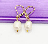 Gold Pearl Earrings, Hypoallergenic, Dangle Hoop Lever-back Earrings, N4616