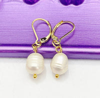 Gold Pearl Earrings, Hypoallergenic, Dangle Hoop Lever-back Earrings, N4616