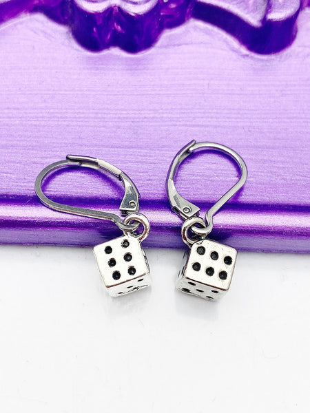 Silver Dice Earrings, Hypoallergenic, Dangle Hoop Lever-back Earrings, N4619