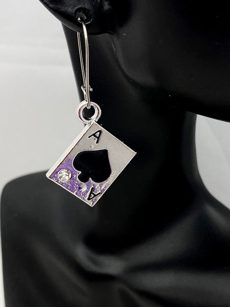 Ace of Spades Earrings, Hypoallergenic, Dangle Hoop Lever-back Earrings, N31B