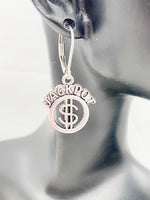 Jackpot Earrings, Dollars Sign, Hypoallergenic, Dangle Hoop Lever-back Earrings, N4632
