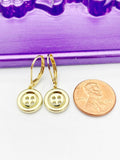 Gold Button Earrings, Hypoallergenic, Dangle Hoop Lever-back Earrings, N4639