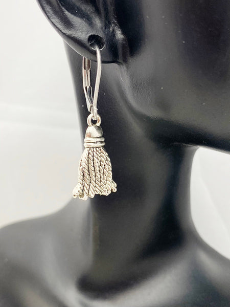Graduation Gift, Graduation Cap Tassel, Silver Earrings, Hypoallergenic, Dangle Hoop Lever-back Earrings, N4644