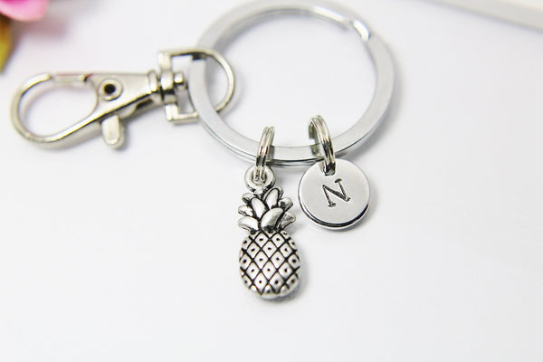 Pineapple Keychain, Silver Pineapple Charm, Pineapple Jewelry Gift, Personalized Initial Gift, N4459