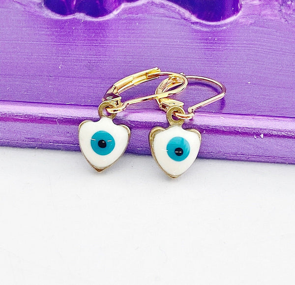 Evil Eye Earrings, Gold Earrings, Hypoallergenic, Dangle Hoop Lever-back Earrings, N4705