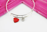 Red Heart Bracelet, Silver Hypoallergenic Bangle, Girlfriend Gift, Best Friend Gifts, Personalized Initial Gift, N4474