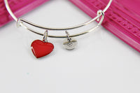 Red Heart Bracelet, Silver Hypoallergenic Bangle, Girlfriend Gift, Best Friend Gifts, Personalized Initial Gift, N4474