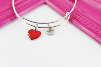 Red Heart Bracelet, Silver Hypoallergenic Bangle, Girlfriend Gift, Best Friend Gifts, Personalized Initial Gift, N4474