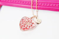 Rose Gold Necklace, Red Flower Heart, Real Pressed Flower Necklace, N4488