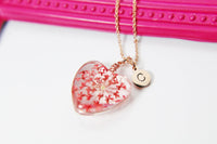 Rose Gold Necklace, Red Flower Heart, Real Pressed Flower Necklace, N4488