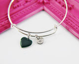 Dark Green Heart Bracelet, Silver Hypoallergenic Bangle, Girlfriend Gift, Best Friend Gifts, Personalized Initial Gift, N4494