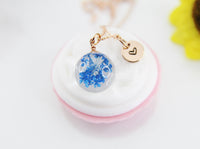 Best Mother's Day Gift for Mom, Grandmother, Great Grandma, Aunt, Rose Gold Necklace, Real Press Flower, Blue flower, N4524