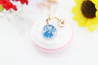 Best Mother's Day Gift for Mom, Grandmother, Great Grandma, Aunt, Rose Gold Necklace, Real Press Flower, Blue flower, N4524