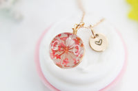 Best Mother's Day Gift for Mom, Grandmother, Great Grandma, Aunt, Rose Gold Necklace, Real Press Flower, Red flower, N4525