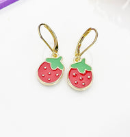 Red Strawberry Earrings, Birthday Gift, Mother's Day Gift, Hypoallergenic, Dangle Hoop Lever-back Earrings, N4717