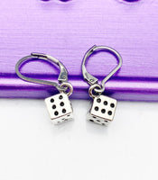 Silver Dice Earrings, Hypoallergenic, Dangle Hoop Lever-back Earrings, N4619